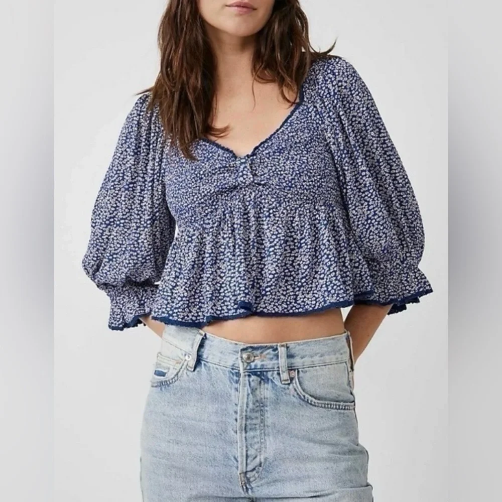 Free People Britnee Floral Cropped Peplum Smocked Puff Sleeve Top Large - Picture 2 of 10